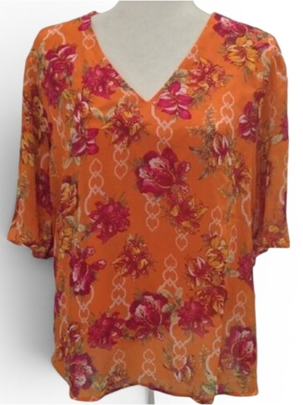 JM Collection Floral V-Neck Blouse - Orange and Pink Lined Flowy Summer